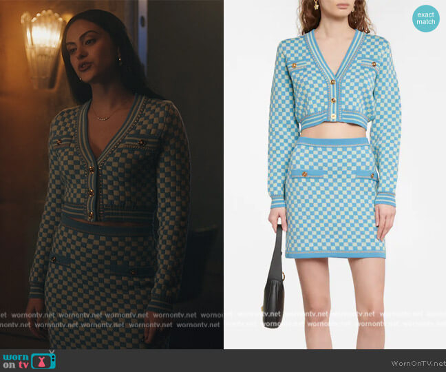 Versace Checked Wool Cardigan worn by Veronica Lodge (Camila Mendes) on Riverdale