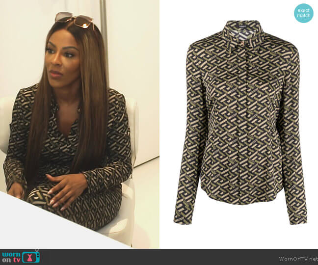 Versace Geometric-print stretch-silk shirt worn by Caroline Brooks (Caroline Brooks) on The Real Housewives of Dubai