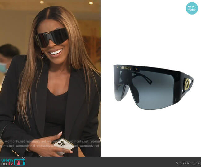 Versace Shield Sunglasses worn by Caroline Brooks (Caroline Brooks) on The Real Housewives of Dubai