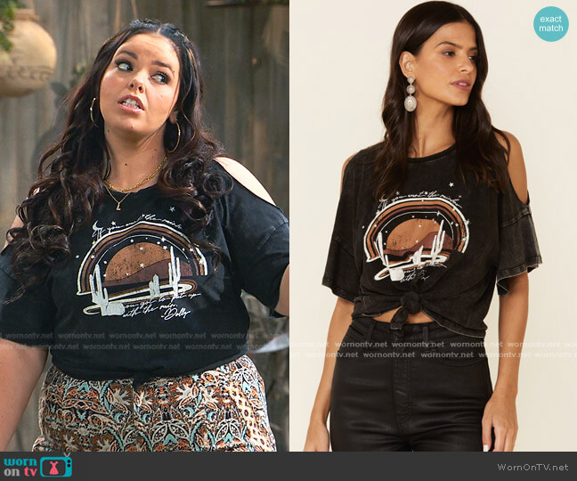 White Crow Night Rainbow Dolly Quote Cold Shoulder Top worn by Lou Hockhauser (Miranda May) on Bunkd