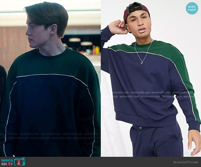 Weekday Ovie Colorblock Sweatshirt in Dark Green worn by Nick Nelson (Kit Connor) on Heartstopper