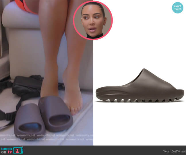 Yeezy Soot Slides worn by Kim Kardashian (Kim Kardashian) on The Kardashians