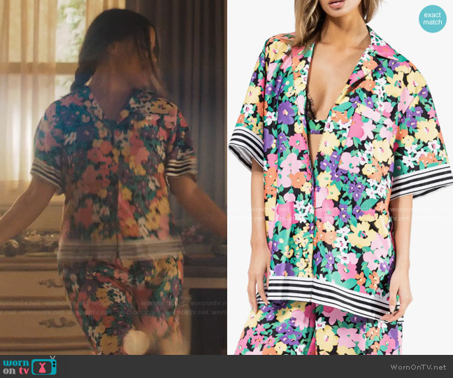 AFRM Fabienne Oversized Satin Button-Up Shirt in Neon Garden worn by Maggie Vera (Sarah Jeffery) on Charmed