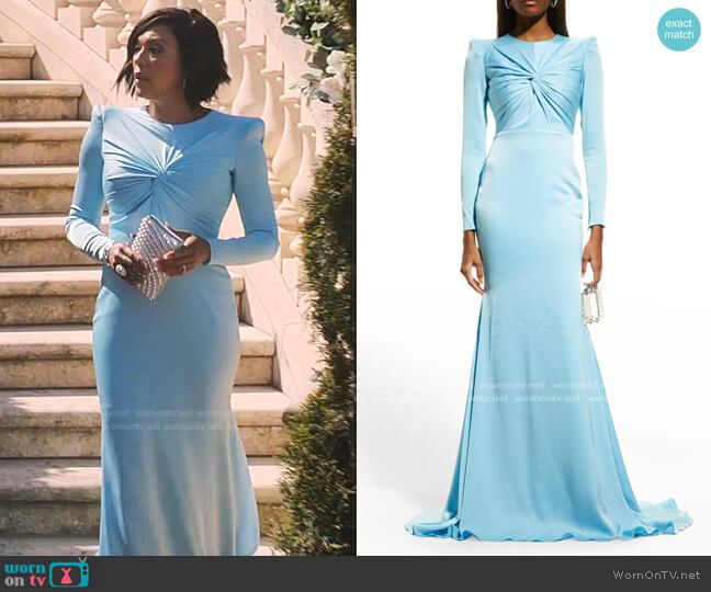 Alex Perry Kirah Twist Strong-Shoulder Trumpet Gown worn by Lorraine Swift (April Parker Jones) on Tom Swift