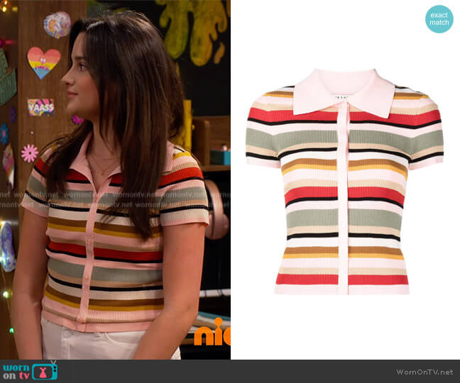 Alice + Olivia Colleen striped ribbed-knit polo shirt worn by Lex (Jules LeBlanc) on Side Hustle