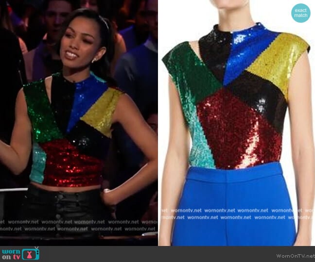Alice + Olivia Cutout Sequin Top worn by Corinne Foxx on Beat Shazam