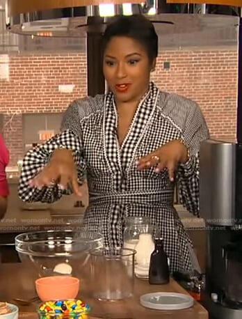 Alicia’s black gingham check wrap dress on Good Morning America