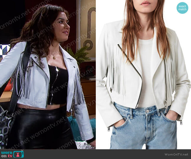 All Saints Elora Fringe Shrunken Leather Biker Jacket worn by Ciara Brady (Victoria Konefal) on Days of our Lives