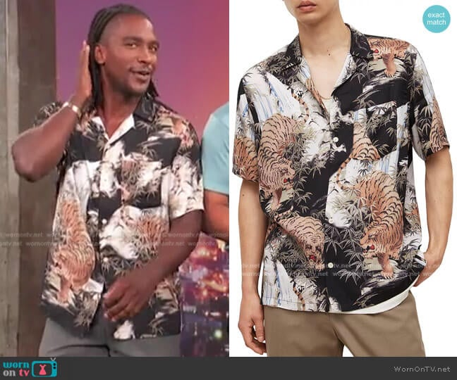 All Saints Sumerian Printed Regular Fit Button Down Camp Shirt worn by Scott Evans on Access Hollywood