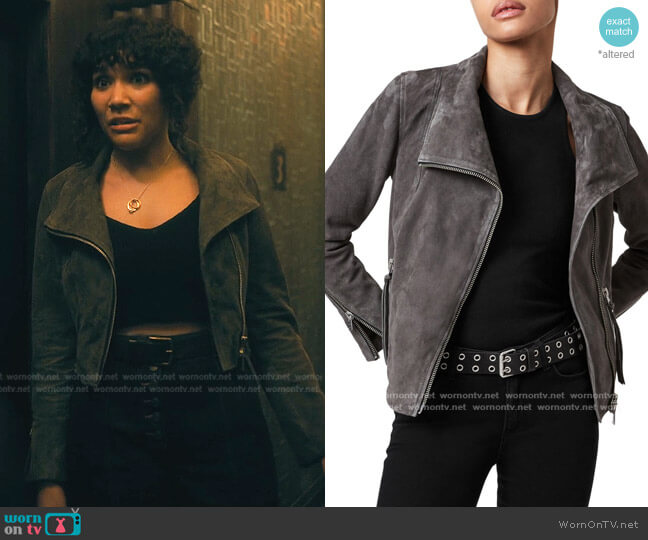 All Saints Ellis Suede Biker Jacket worn by Allison Hargreeves (Emmy Raver-Lampman) on The Umbrella Academy