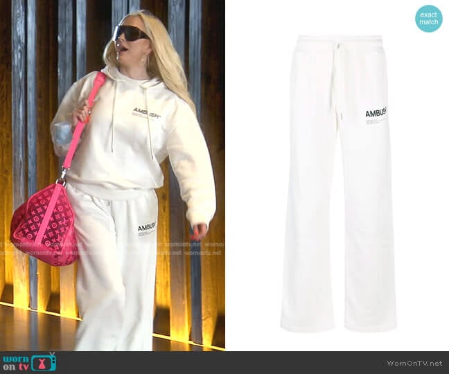 Ambush Logo-Print Fleece Track Pants worn by Erika Jayne on The Real Housewives of Beverly Hills