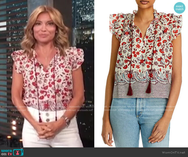 Aqua Floral Flutter Sleeve Tassel Top worn by Kit Hoover on Access Hollywood