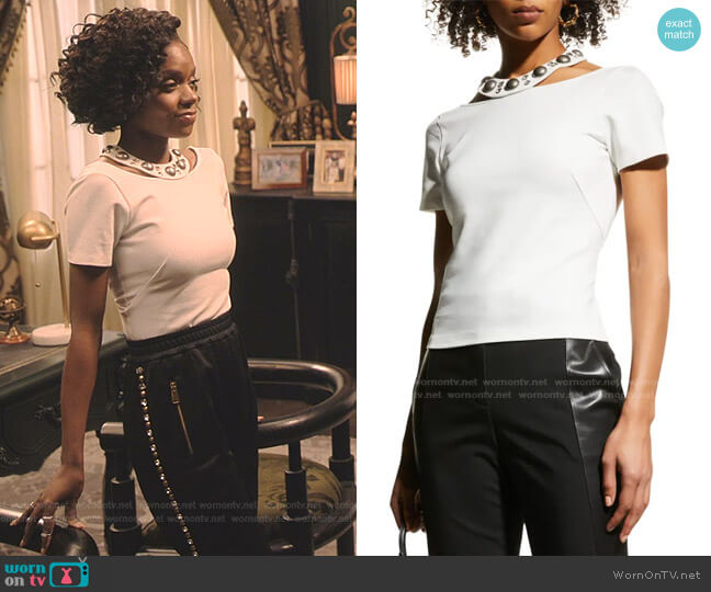 Area Crystal Dome Collar Open-Back Crop Tee worn by Zenzi Fullington (Ashleigh Murray) on Tom Swift