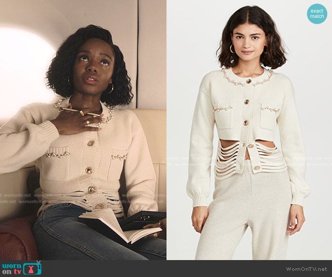 Area Slashed Cardigan worn by Zenzi Fullington (Ashleigh Murray) on Tom Swift
