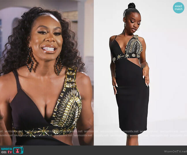Starry Eyed Embellished deep plunge cami strap midi dress worn by Sanya Richards-Ross on The Real Housewives of Atlanta