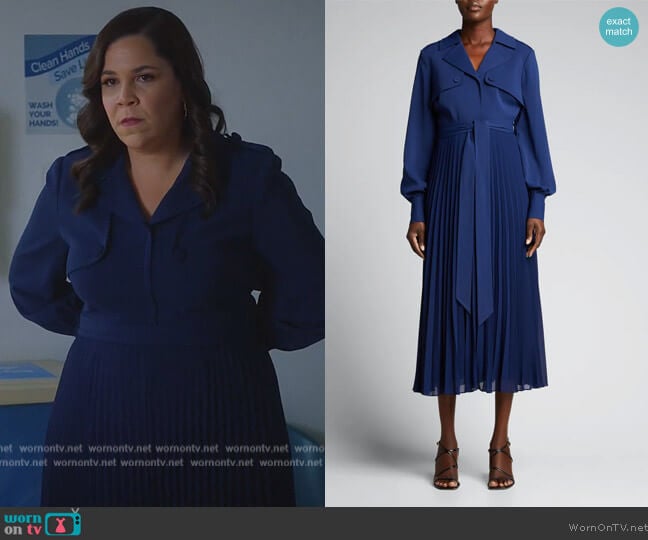 Badgley Mischka Trench Dress w/ Pleated Skirt worn by Sara Castillo (Lindsay Mendez) on All Rise