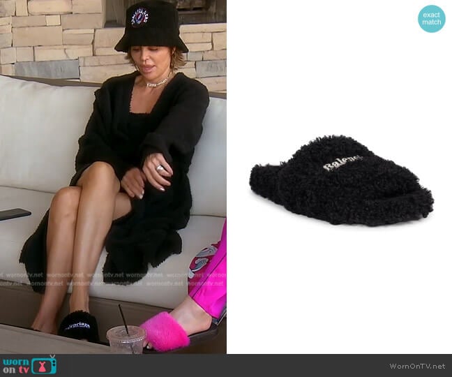 Balenciaga Furry Political Campaign Faux Shearling Slippers worn by Lisa Rinna on The Real Housewives of Beverly Hills
