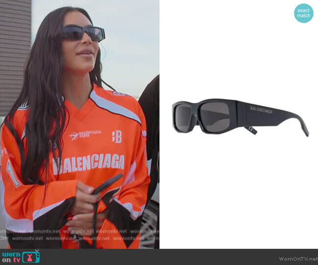 Balenciaga LED logo rectangle-frame Sunglasses worn by Kim Kardashian (Kim Kardashian) on The Kardashians