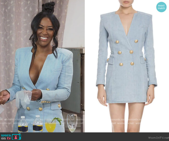 Balmain Double-Breasted Denim Mini Dress, Light Blue worn by Kenya Moore on The Real Housewives of Atlanta