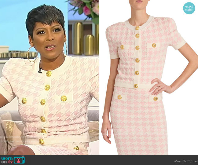 Balmain Cropped houndstooth jacquard-knit cardigan worn by Tamron Hall on Tamron Hall Show