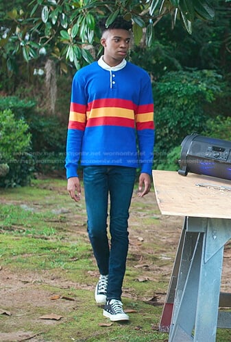 Ben’s blue striped rugby shirt on First Kill