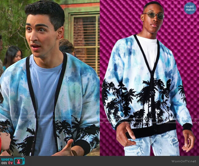 Boohoo Oversized Palm Print Knitted Cardigan worn by Parker Preston (Trevor Tordjman) on Bunkd