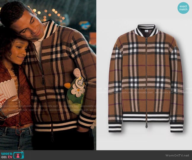 Burberry Kennard Check-print Cashmere Bomber Jacket worn by Andrew Spencer (Mason Gooding) on Love Victor