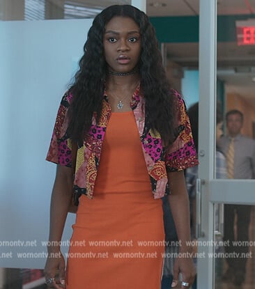 Cal’s printed cropped shirt and dress on First Kill