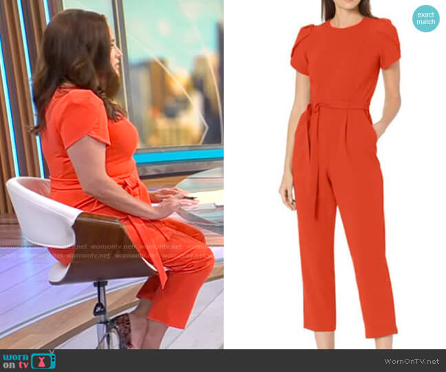 Calvin Klein Cropped Jumpsuit With Tulip Sleeve in Ginger worn by Nikki Battiste on CBS Mornings