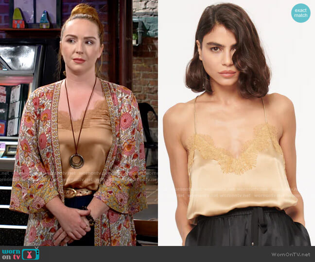 Cami NYC Racer Charmeuse Cami in Cashew worn by Mariah Copeland (Camryn Grimes) on The Young and the Restless