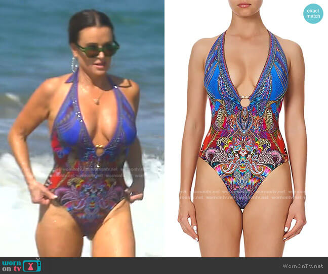 Camilla Runaway Royal Psychedelica Printed Plunge One-Piece Swimsuit worn by Kyle Richards on The Real Housewives of Beverly Hills