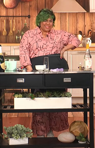 Chef Lovely’s pink printed shirt and pants on E! News Daily Pop