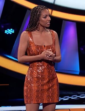 Corinne’s snake leather mini dress on Beat Shazam