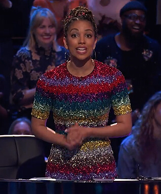 Corinne’s rainbow metallic stripe dress on Beat Shazam