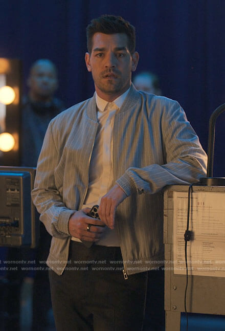 Darcy’s grey pinstriped bomber jacket on I Love That For You