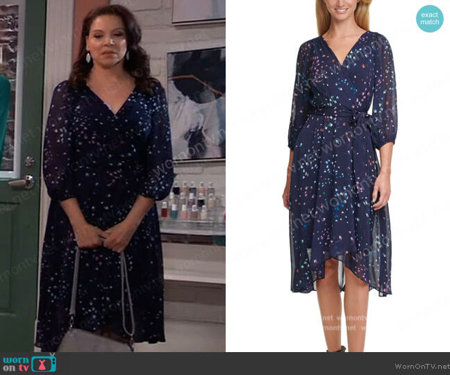 DKNY Blue Floral Wrap Dress worn by Liesl Obrecht (Kathleen Gati) on General Hospital