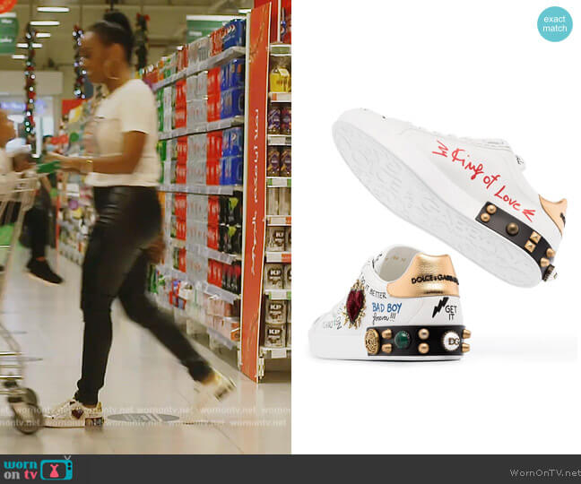 Dolce and Gabbana Portofino graffiti-print low top leather sneakers worn by Lesa Milan (Lesa Milan) on The Real Housewives of Dubai