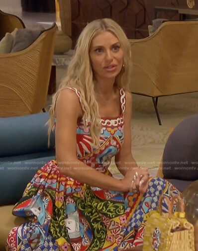 Dorit’s printed square neck sleeveless dress on The Real Housewives of Beverly Hills
