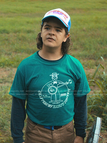 Dutin’s green Craftsbury Banjo Contest print tee on Stranger Things
