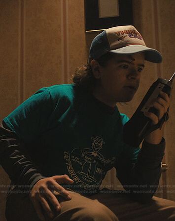 Dutin’s green Craftsbury Banjo Contest print tee on Stranger Things