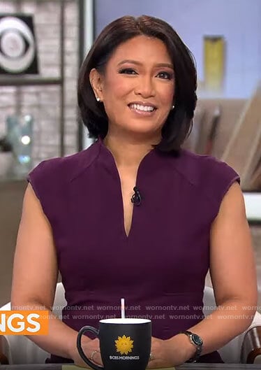 Elaine Quijano’s purple split-neck dress on CBS Mornings