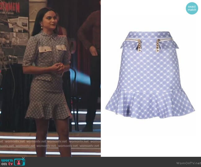 Elisabetta Franchi Monogram-print ruffle mini skirt worn by Veronica Lodge (Camila Mendes) on Riverdale