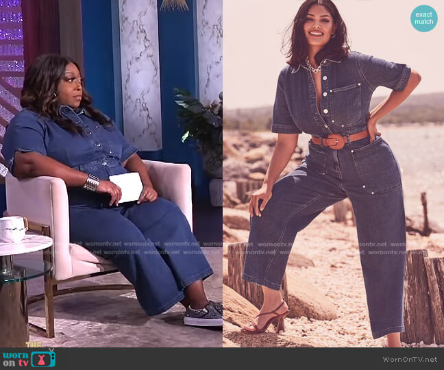 Eloquii Denim Wide Leg Jumpsuit worn by Loni Love on The Real