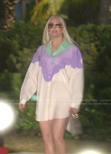 Erika’s purple and white printed shirtdress on The Real Housewives of Beverly Hills