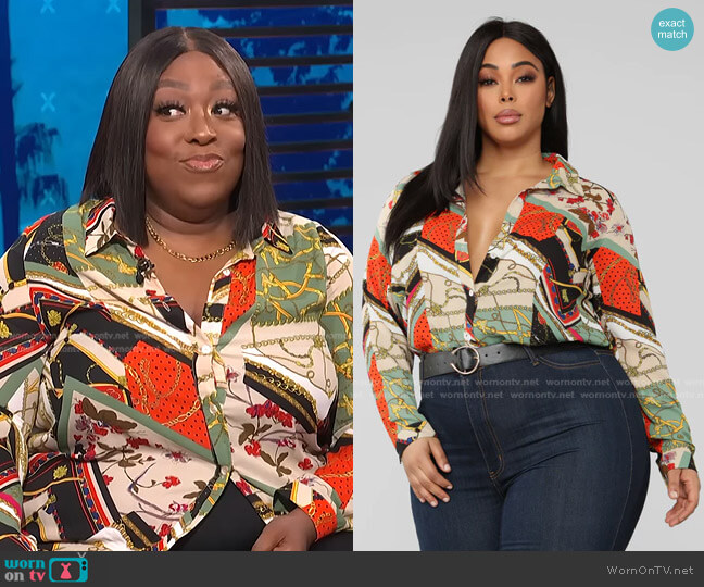 Fashion Nova Amara Top in Orange Combo worn by Loni Love on E! News