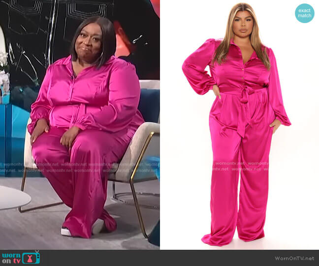 Fashion Nova Leilah Satin Solid Jumpsuit worn by Loni Love on E! News