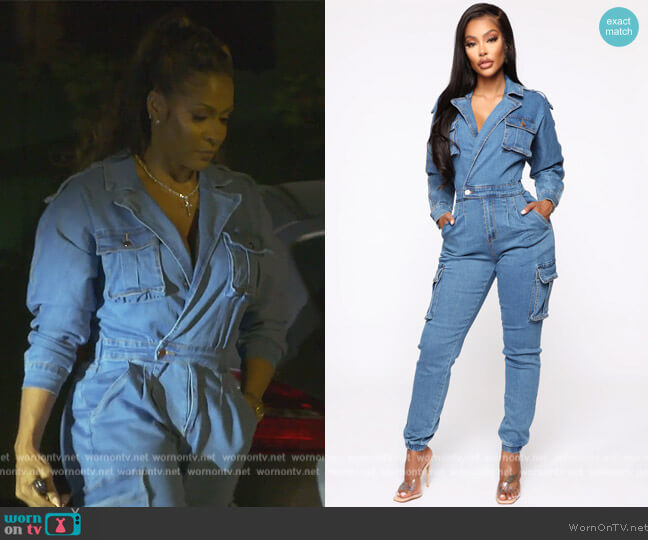 Not Worried About That Cargo Jumpsuit Fashion Nova worn by Sheree Whitefield on The Real Housewives of Atlanta