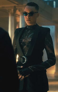 Fei’s black mesh print turtleneck on The Umbrella Academy