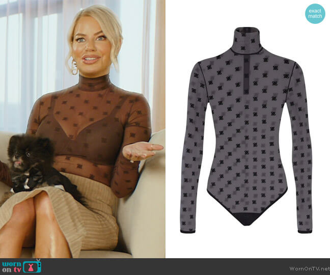 Fendi Karligraphy Logo Embroidered Mesh Bodysuit worn by Caroline Stanbury (Caroline Stanbury) on The Real Housewives of Dubai