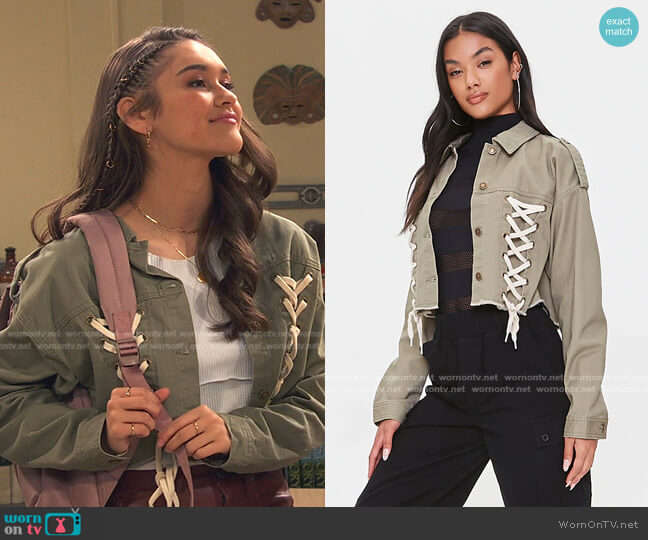 Forever 21 Dual Lace-Up Jacket worn by Cami Rivera (Marissa Reyes) on Ravens Home